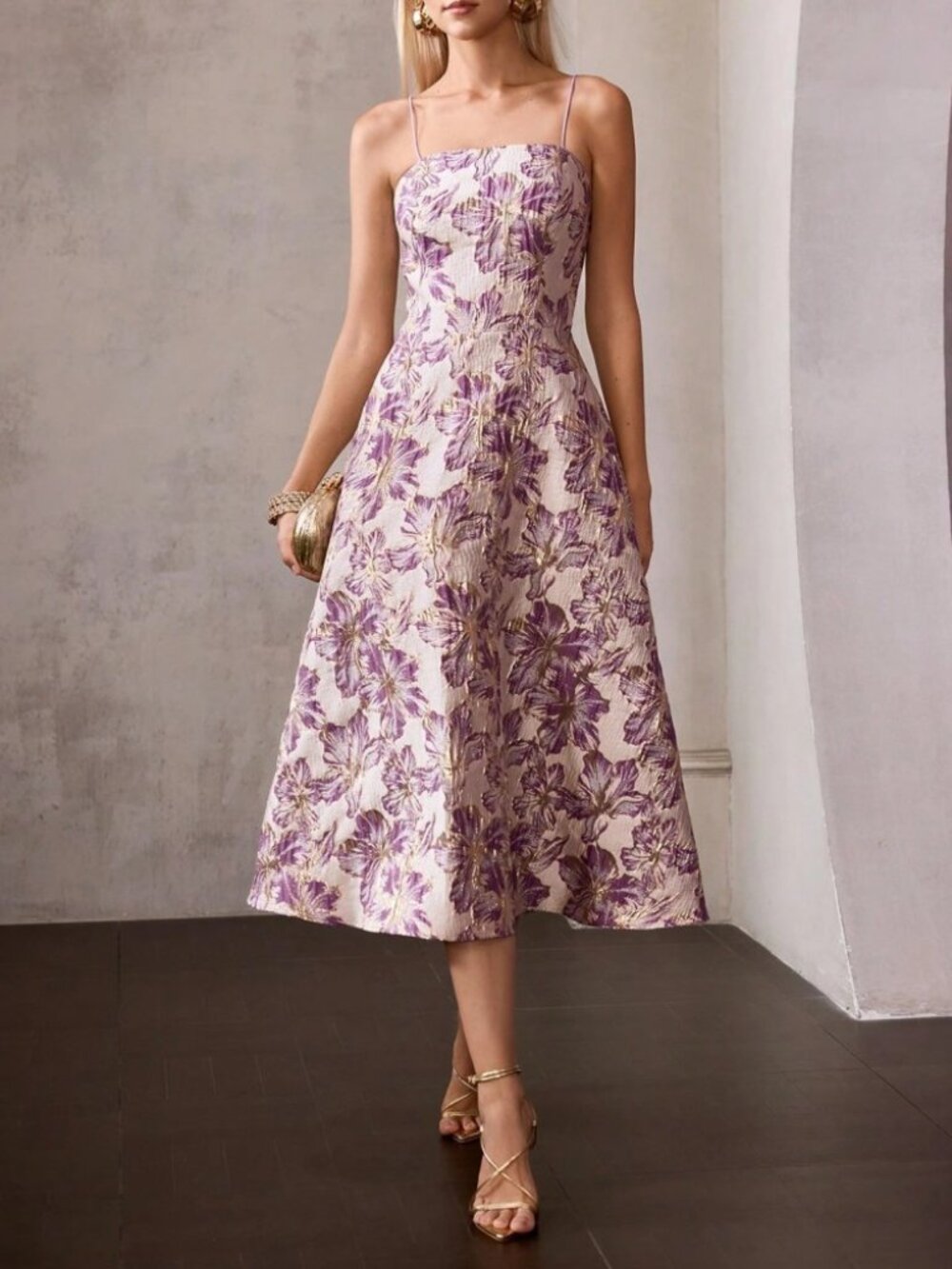 Lavender Purple Floral Jacquard Midi Dress Spaghetti Strap